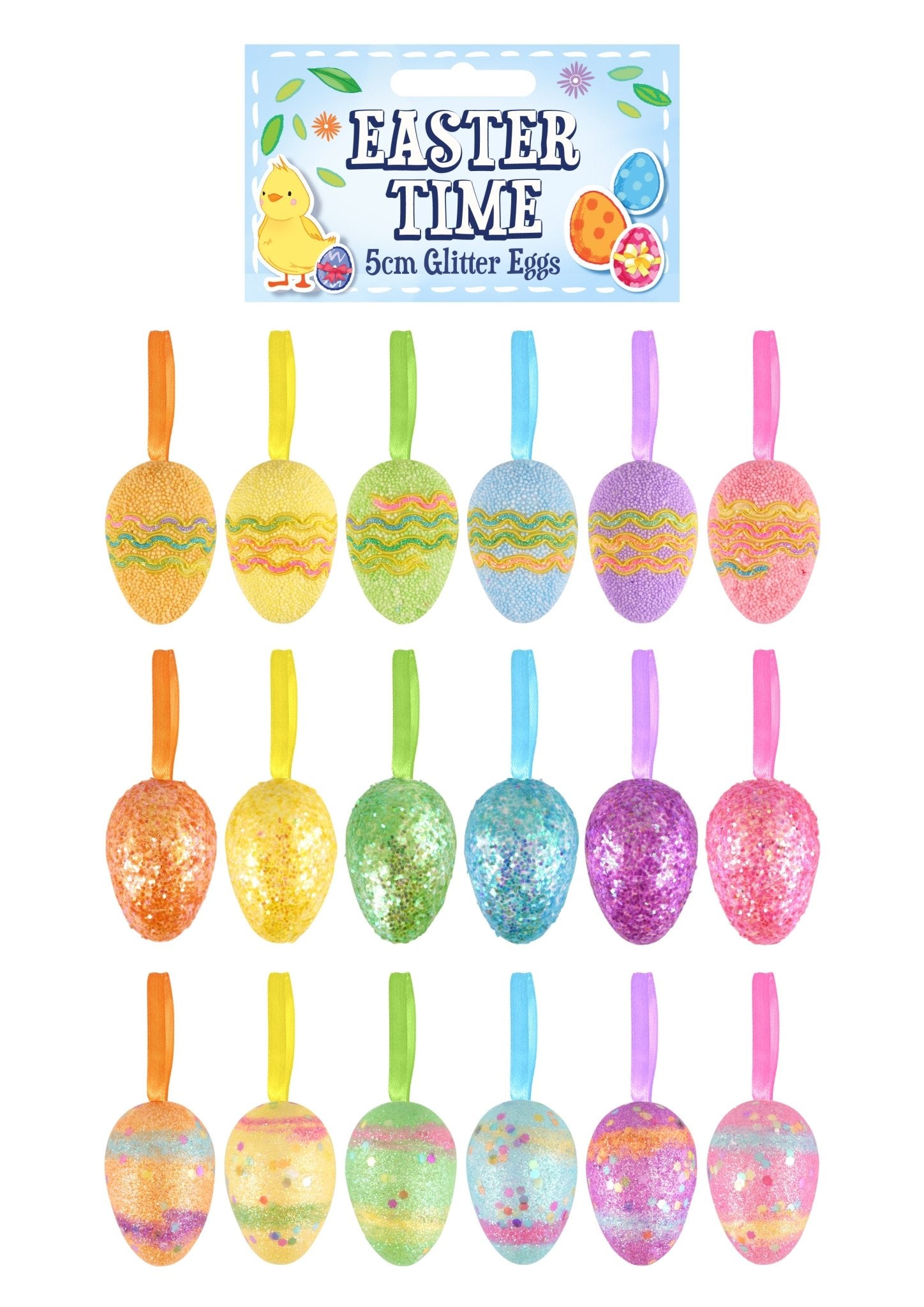 1 X Glitter Easter Egg Decorations and Party Favours (5cm) 18 Assorted Colours and Designs (6 Assorted Eggs in one pack) - Bulk Bargain
