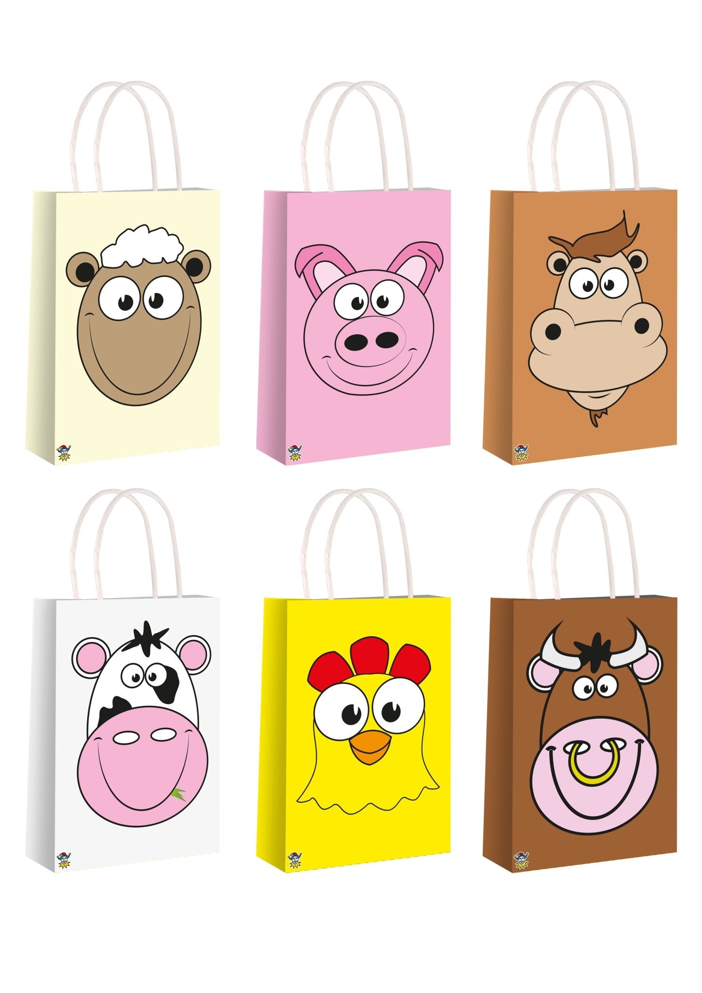 24 x Farm Animal Faces Paper Party Bag with Handles, 6 Assorted Designs - Bulk Bargain